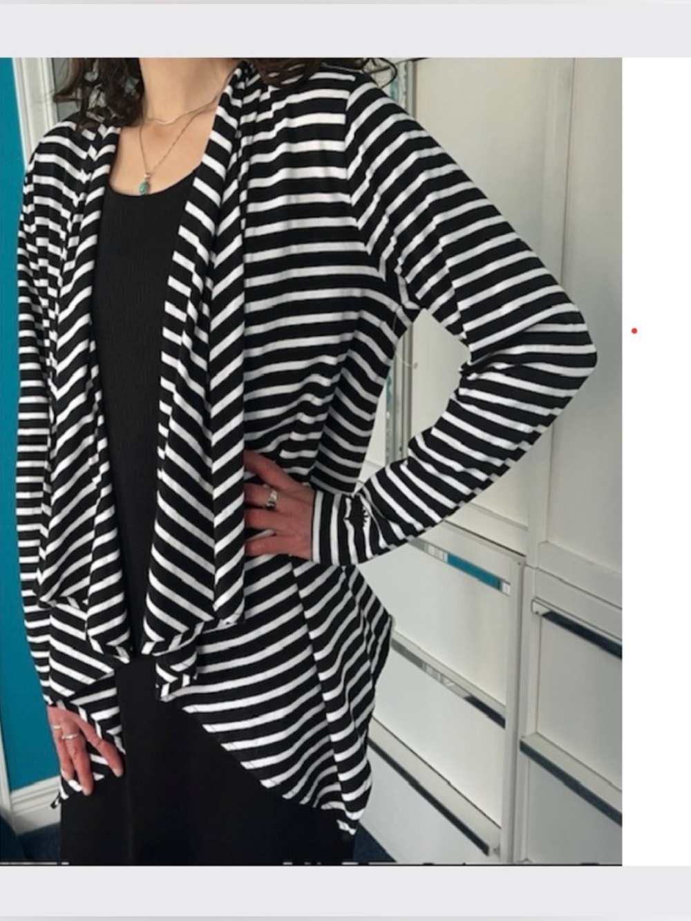 Black White Striped Cardigan • Draped Shawl Collar• Chic Casual to Semi-Formal